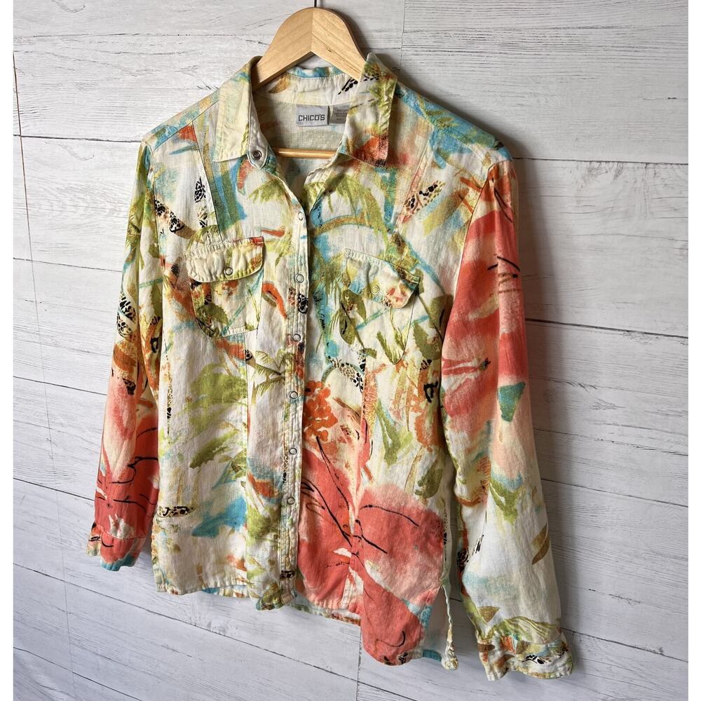 Chicos Shirt Size 1/M Tropical Paradise Print 100% Linen Snap Down Long Sleeve - Picture 3 of 16